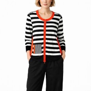 JOSEPH RIBKOFF Jersey Knit Full Zip Front Black White Stripe Jacket Orange Trim